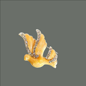Vintage Silver Yellow Cream Enamel and Rhinestone Dove Brooch